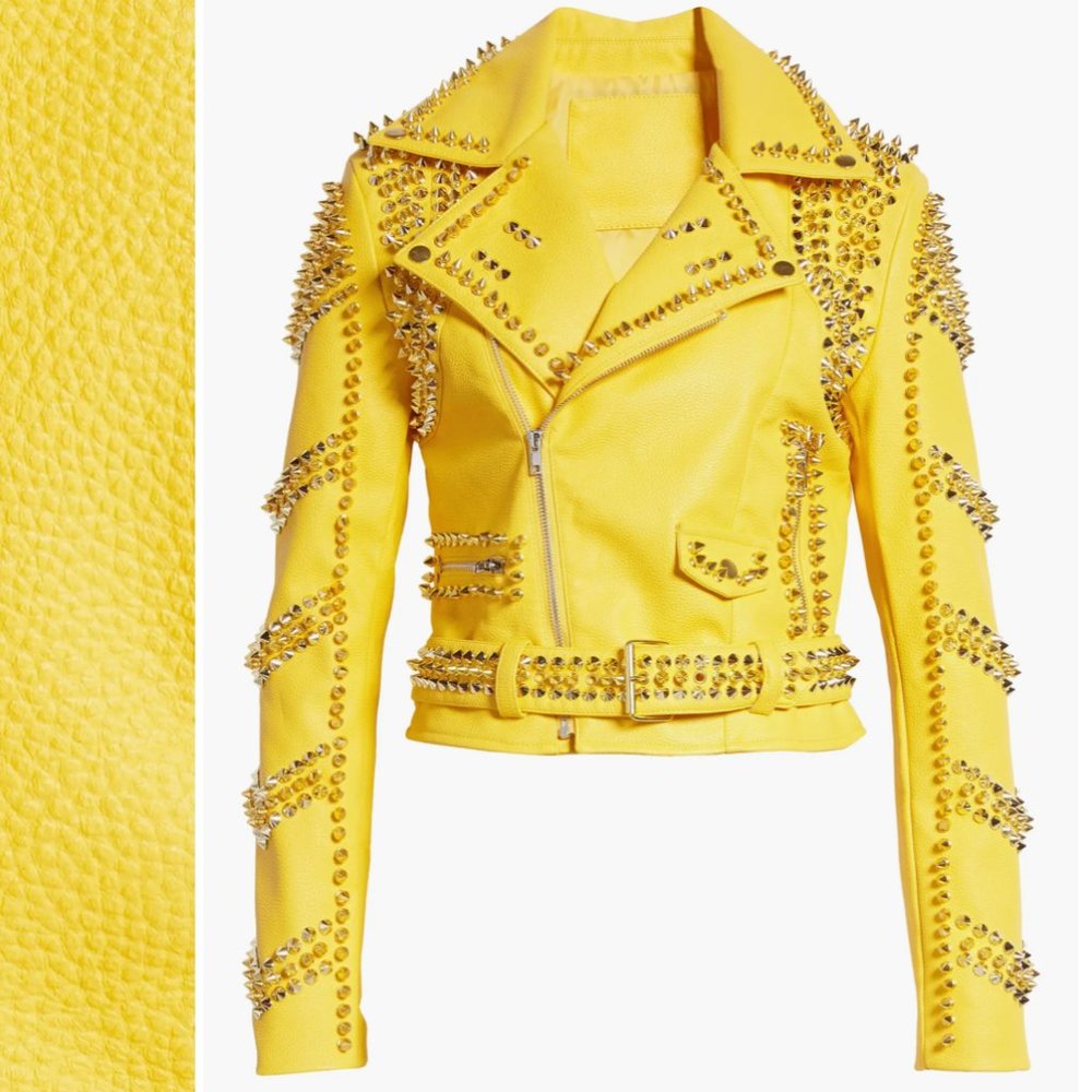 Callie Lives Stasia Dreamin: Azalea Wang Yellow Winter Gold Spiked Moto Jacket L